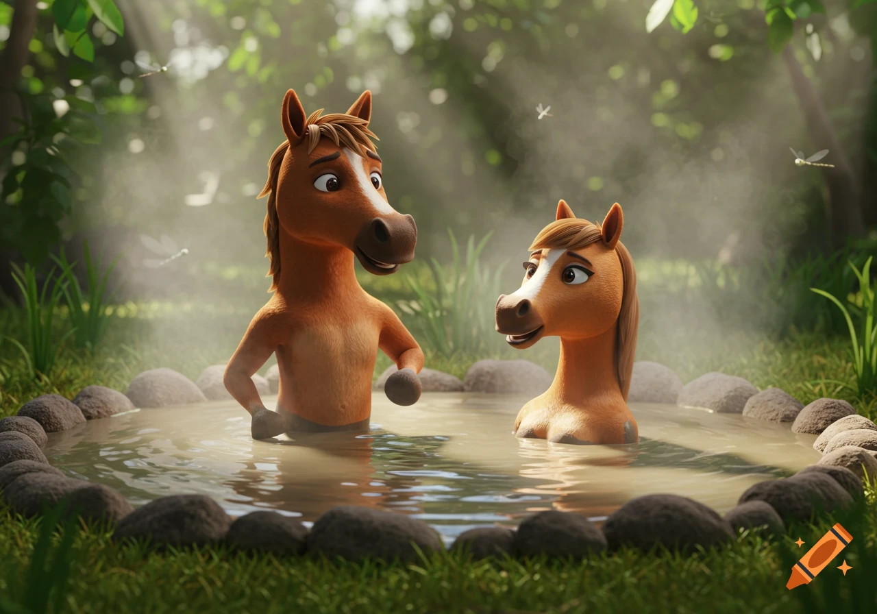 Two happy cartoon horses relax in a steaming mud hot tub in a lush forest, 3D animation.