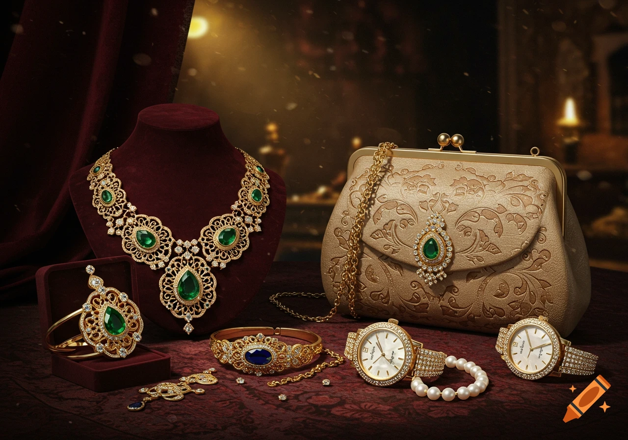 A lavish display of gold jewelry with emeralds and diamonds, including a necklace, bracelets, watches, and an ornate purse on red velvet.