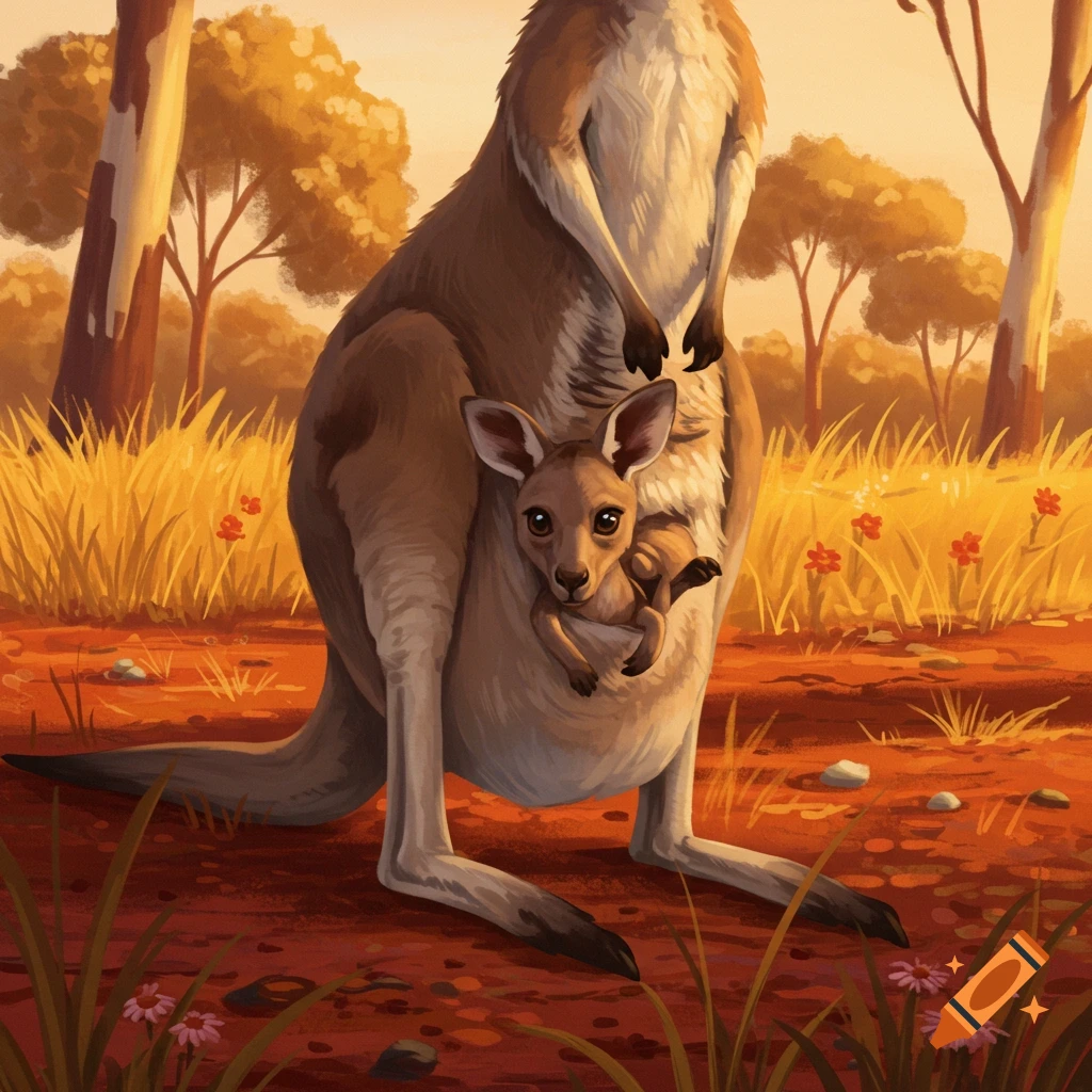 Illustrated mother kangaroo with a joey peeking from her pouch in a warm, golden-lit Australian bush landscape.