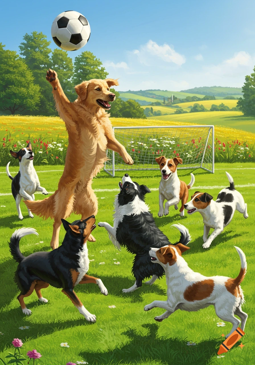 An illustration of a Golden Retriever jumping to hit a soccer ball, surrounded by other dogs playing on a green field with a goal.
