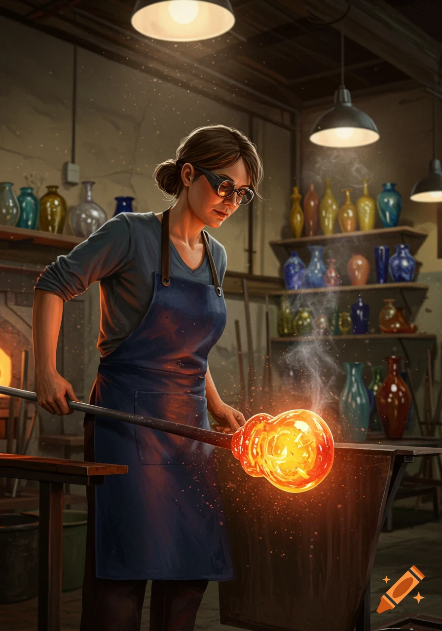 A woman in an apron and safety glasses blows molten glass in a workshop, surrounded by shelves of colorful vases.