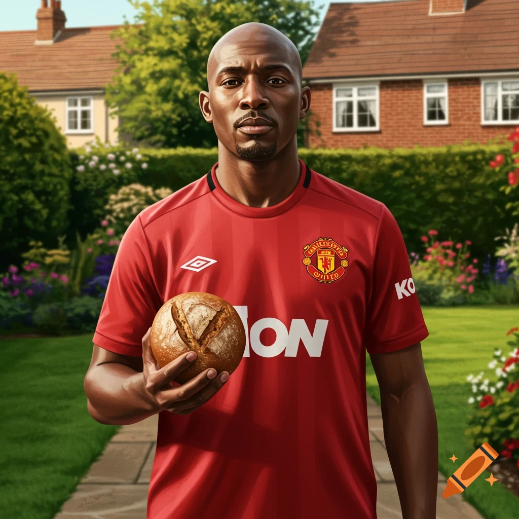 A bald Black man in a red Manchester United football jersey holds a loaf of brown bread in a photorealistic style garden.