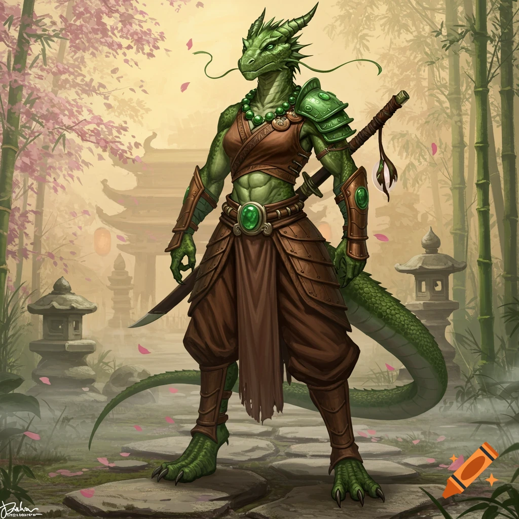 A green dragonborn warrior in traditional Japanese-inspired armor stands in a serene garden with cherry blossoms and bamboo.