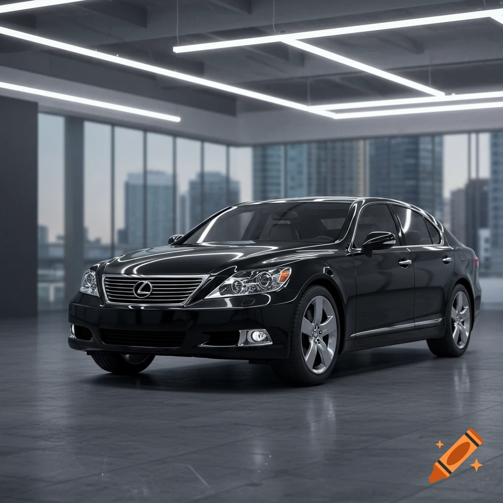 Photorealistic black Lexus sedan parked in a modern, well-lit showroom with a city skyline visible through large windows.