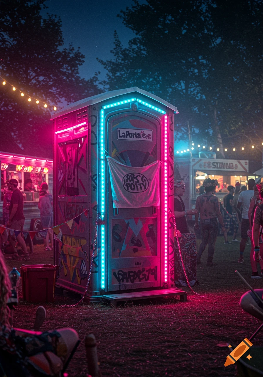 Vibrant neon-lit porta-potty at a night festival with people and string lights, photorealistic.
