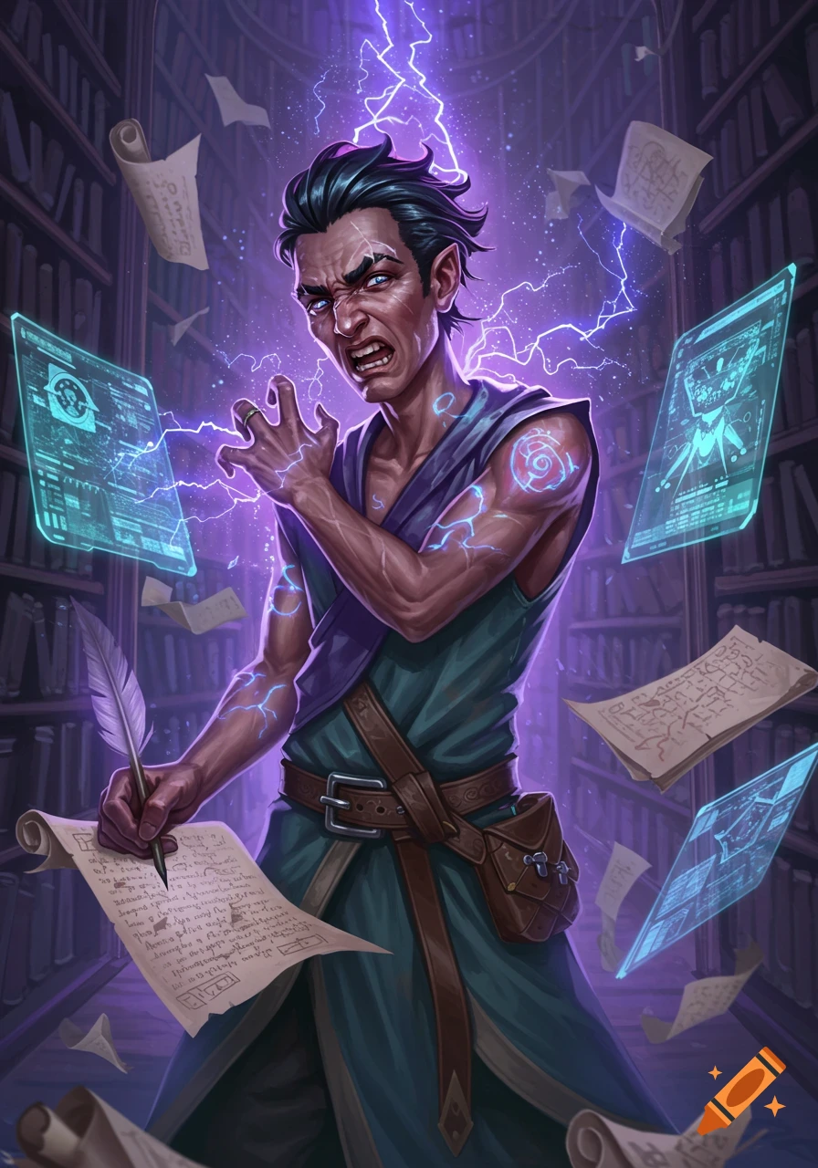 A frustrated mystical scribe writes in a magical library with glowing energy, floating scrolls, and holographic displays, fantasy art style.