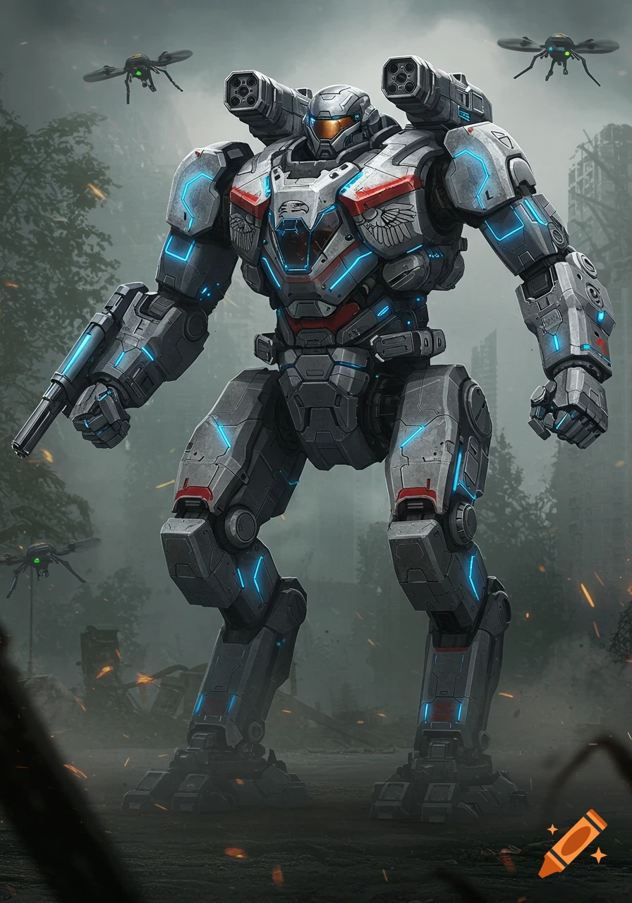 A large grey and white combat mech with glowing blue lights, red accents, and an eagle emblem stands in a ruined landscape with drones flying around.