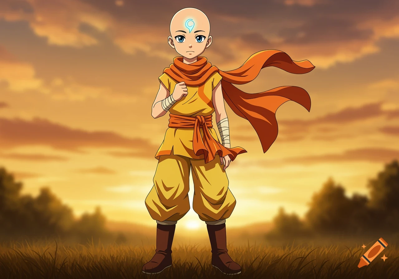 An anime-style bald boy with a blue arrow tattoo and orange shawl stands in a grassy field at sunset.
