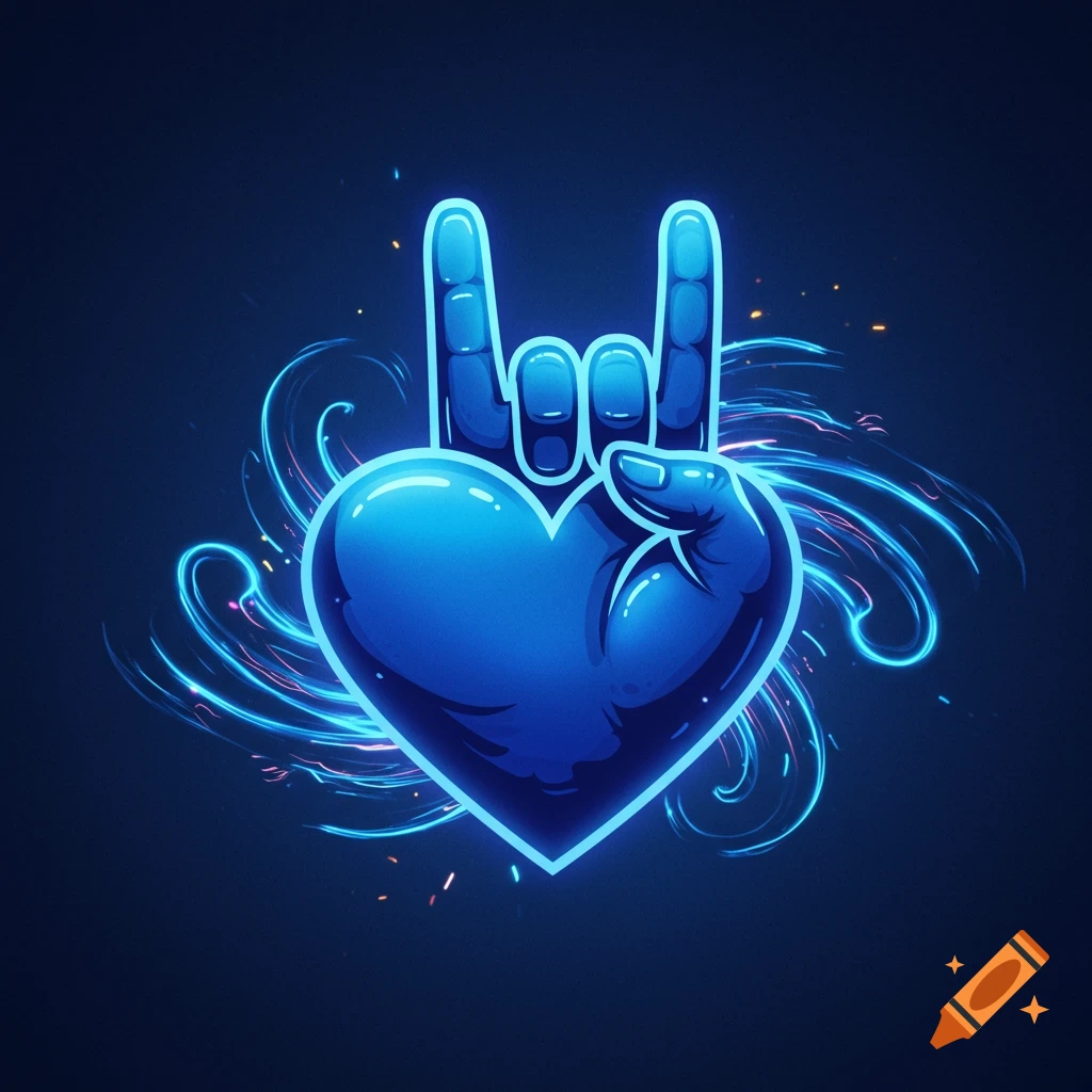 A glowing blue heart and a stylized hand forming the 'sign of the horns' gesture, with vibrant blue energy lines.