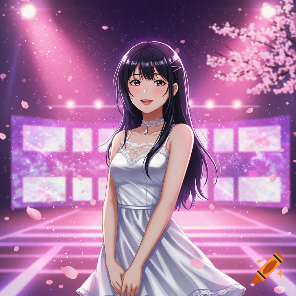 Anime girl with long dark hair and a white dress smiles on a sparkling pink stage with cherry blossoms.