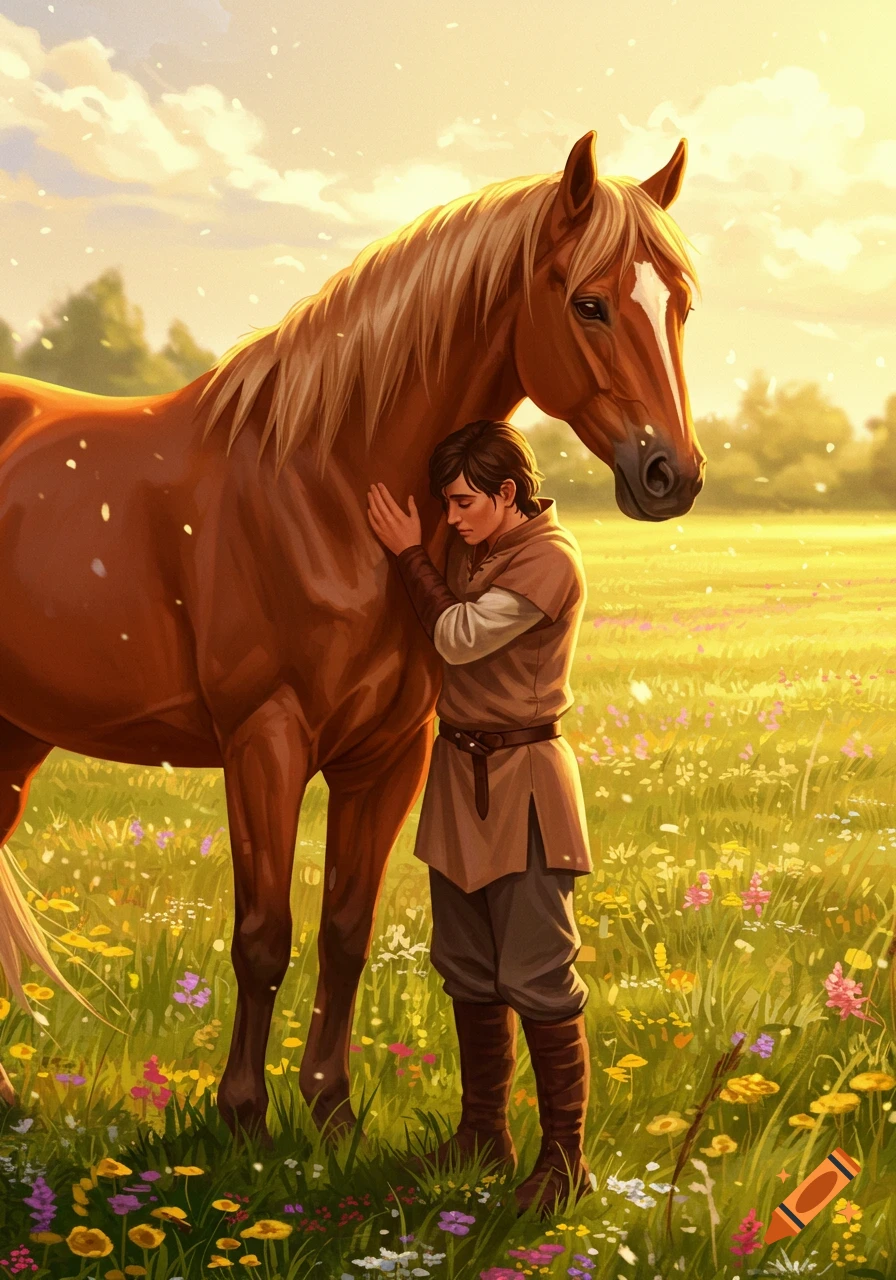 A person gently hugs a brown horse in a sunlit field filled with colorful wildflowers, in an illustrative style.