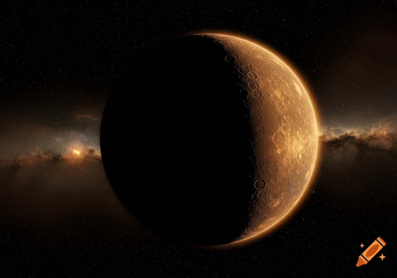 A half-illuminated, cratered planet, resembling Mercury, against a dark starry background with faint nebulae.