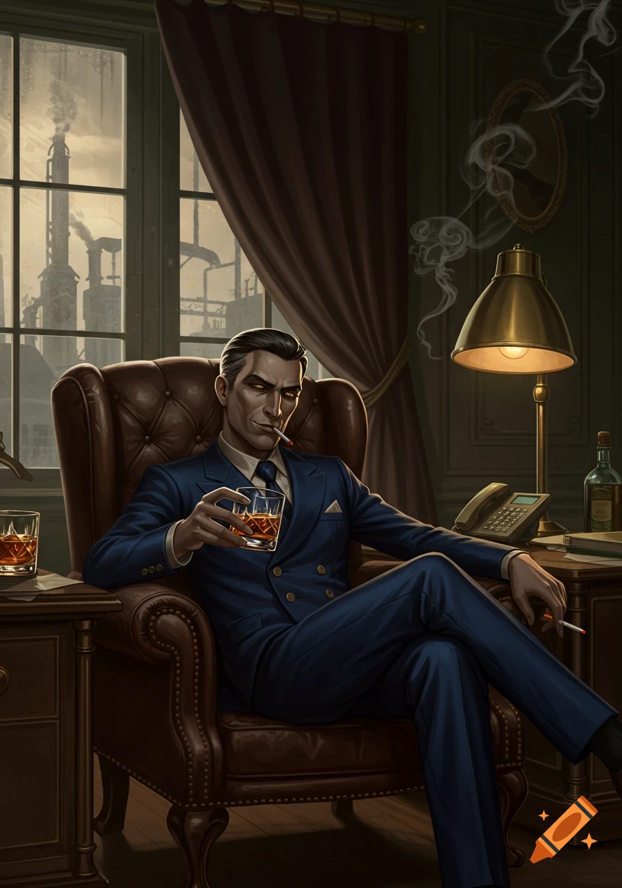A man resembling Silco from Arcane, with grey skin and golden eyes, sits in a leather armchair in a dark office, holding a glass of whiskey and a cigarette. Smoke rises from his mouth, and a city skyline with industrial chimneys is visible through the window.