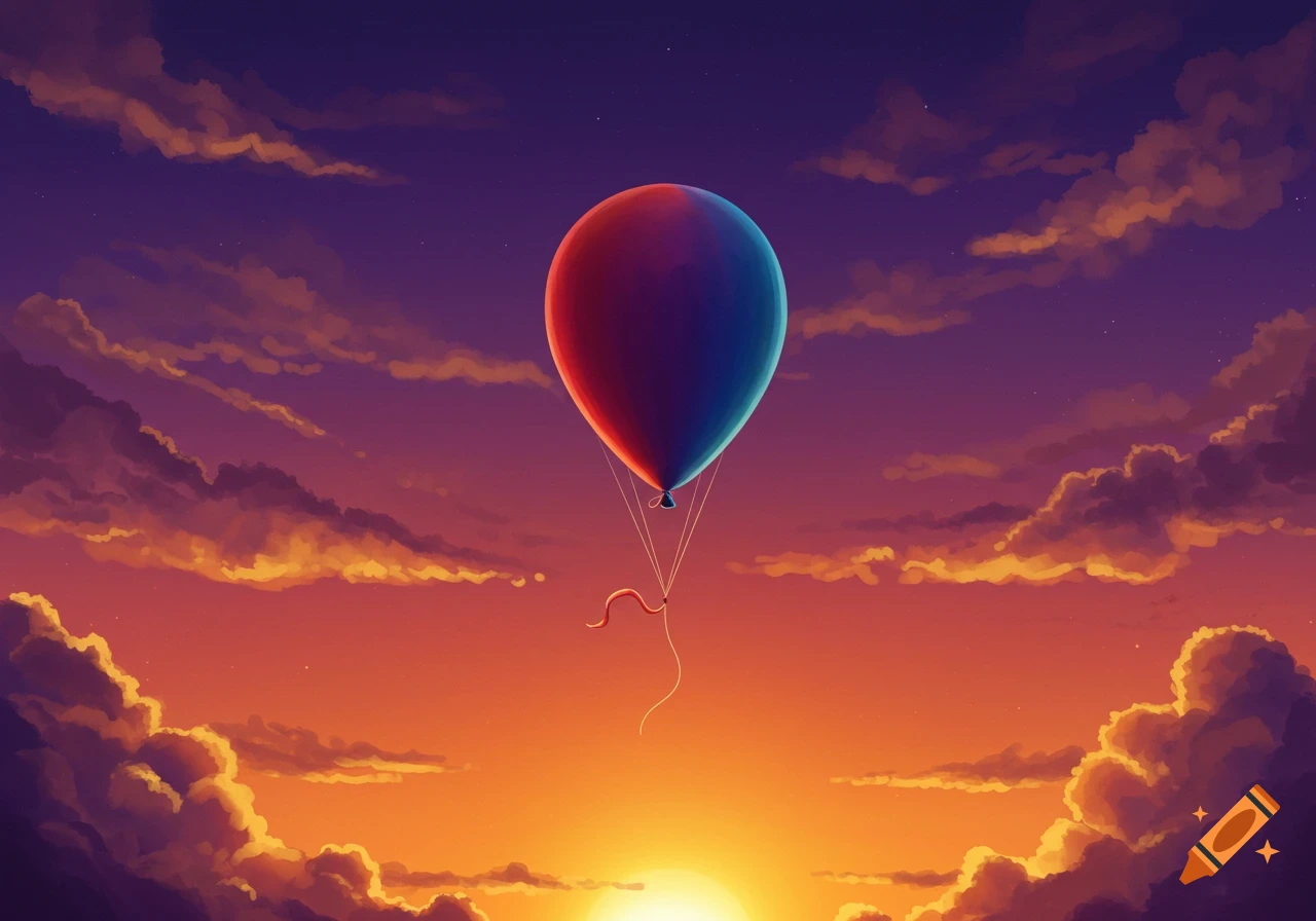 A colorful balloon ascends into a vibrant sunset sky with golden and purple clouds, in a digital painting style.