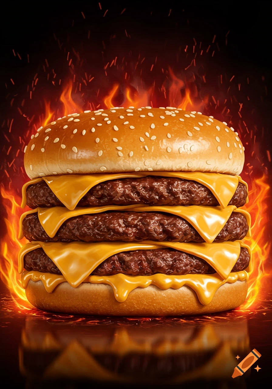 A towering triple cheeseburger with melting cheese dripping down, set against a vibrant fiery background with a dark reflection below. Photorealistic style.