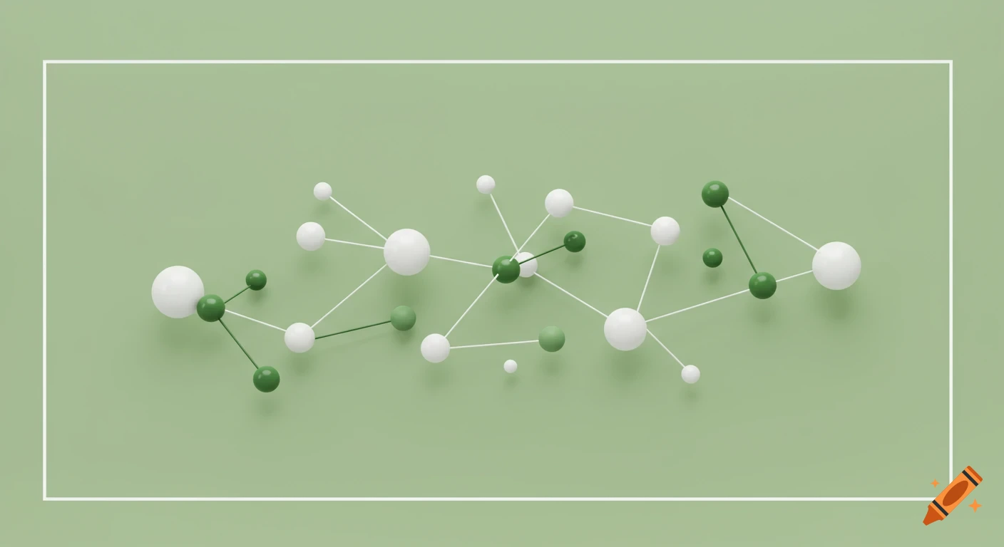 Minimalist abstract diagram with white and green spheres connected by lines on a green background with a white border.