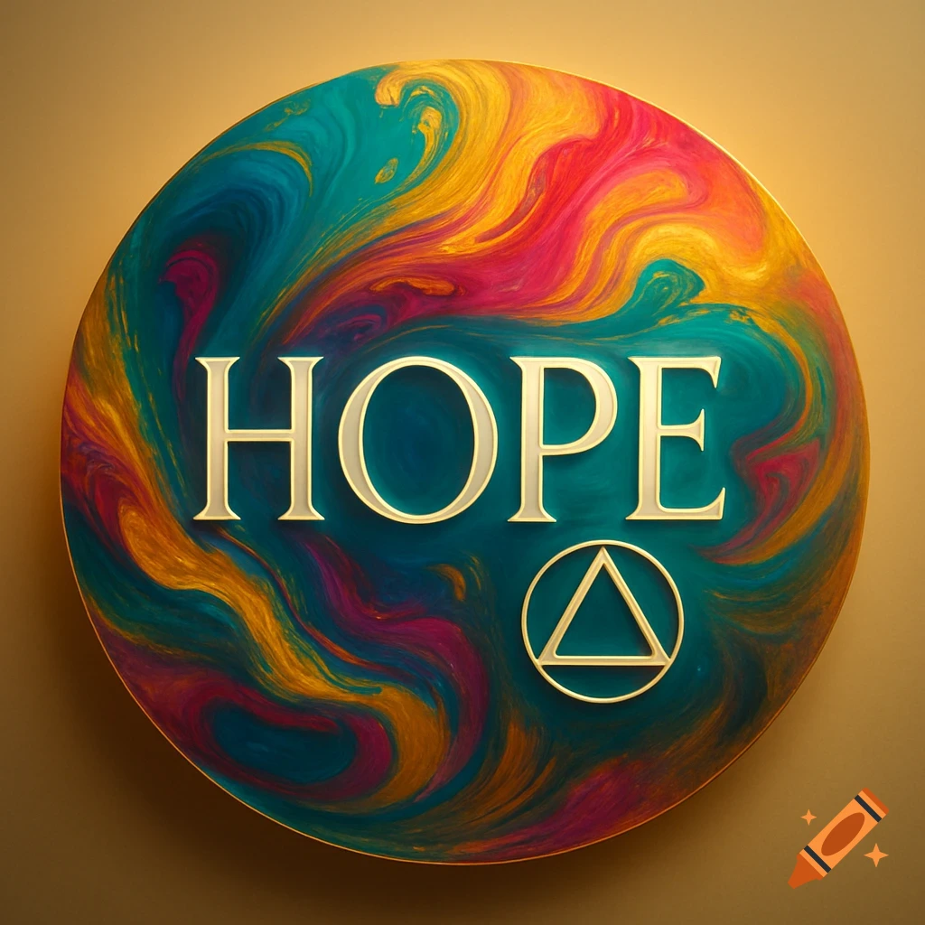 A vibrant, swirling abstract circle in teal, gold, and pink with the word "HOPE" in gold letters and the AA unity symbol.