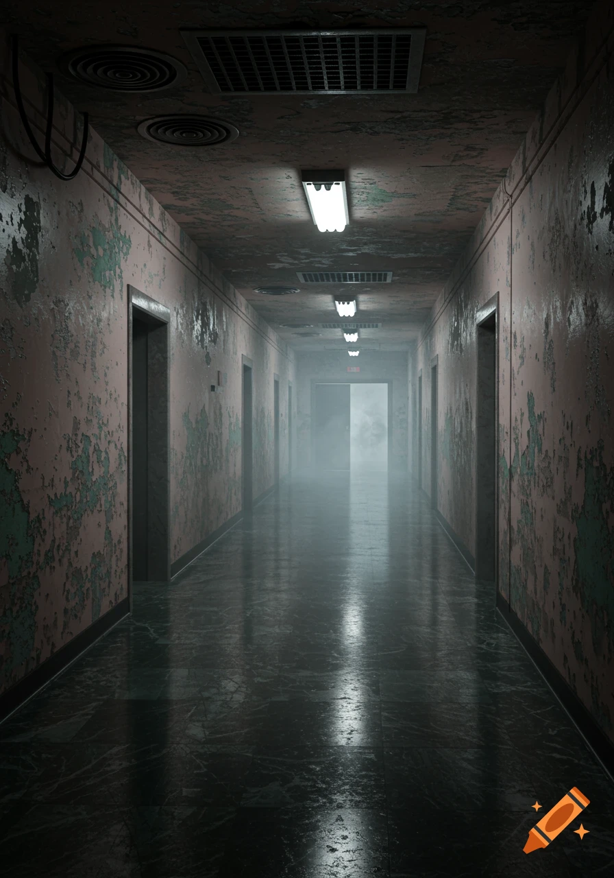 A long, dark, and eerie abandoned hallway with peeling paint, a wet, reflective floor, and fog obscuring the far end, lit by overhead fluorescent lights.