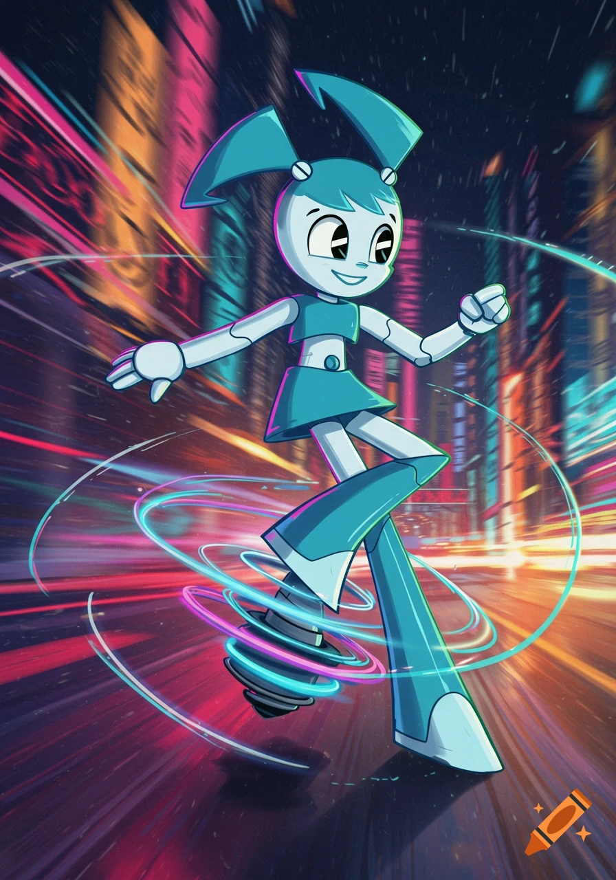 Cartoon robot Jenny Wakeman spins her legs while speeding through a vibrant, neon-lit futuristic city at night.