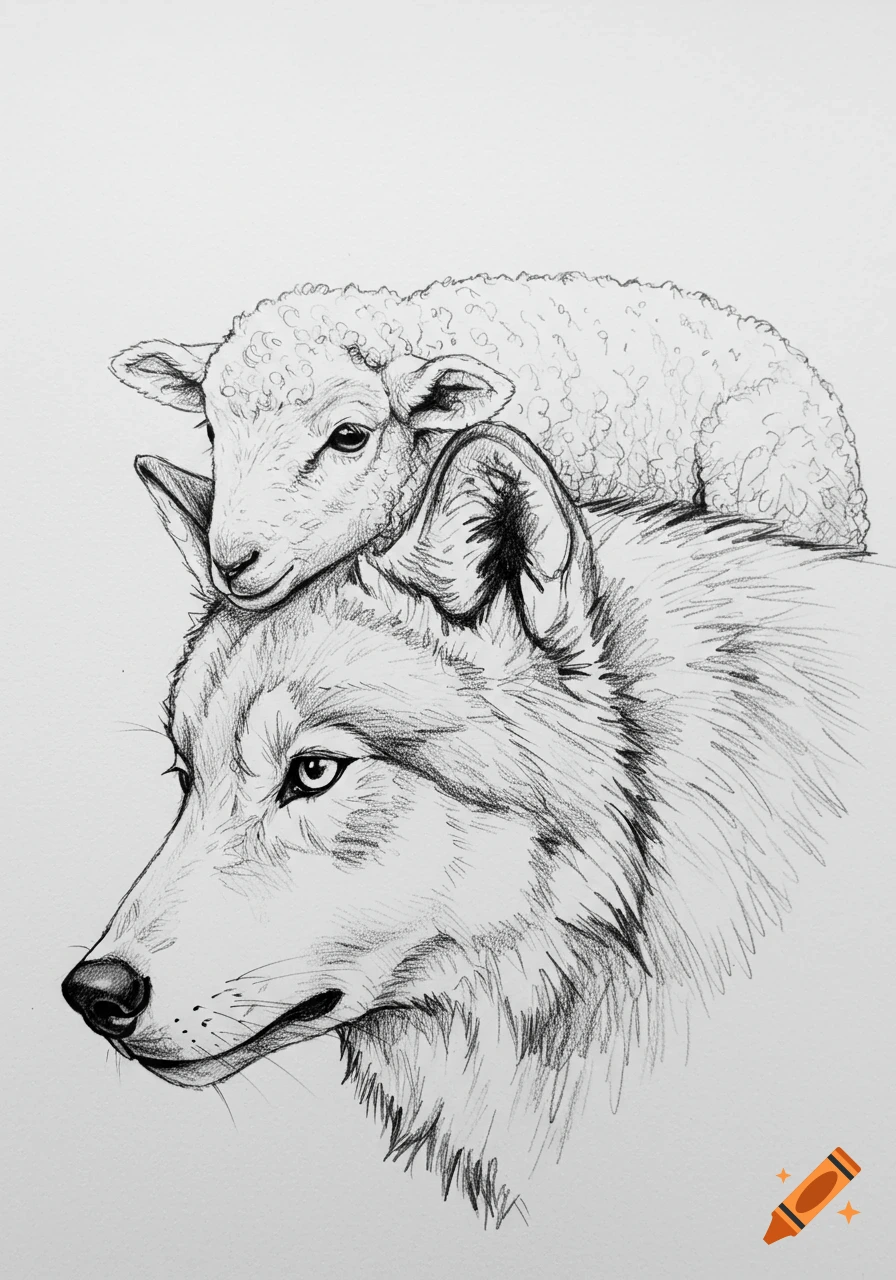 A black and white pencil sketch of a small fluffy lamb resting on the head of a wolf, looking forward.