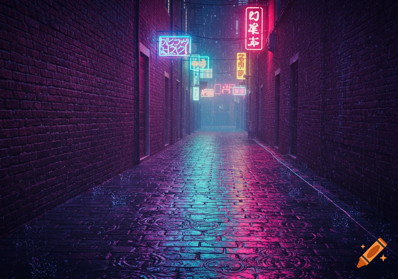 A dark, rainy alleyway with brick walls, illuminated by vibrant neon signs reflecting on the wet cobblestone ground.