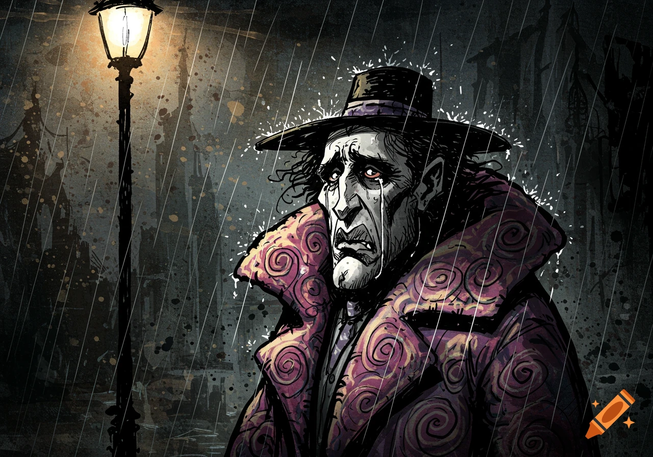 A man in a fedora and patterned coat cries in the rain under a streetlamp, in a dark, expressive illustrative style.
