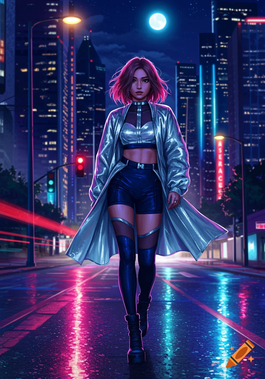 A woman with pink hair and a silver coat walks down a wet neon-lit cyberpunk city street at night, with tall buildings in the background.