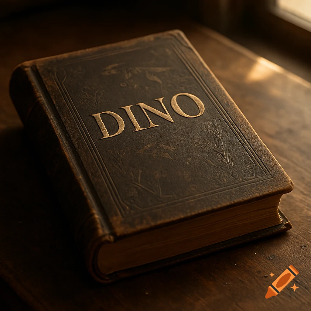 An old, dark brown book with 'DINO' embossed in gold on its cover, resting on a wooden table.