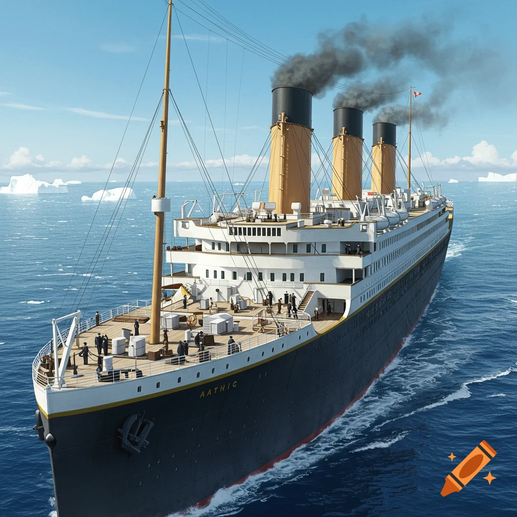 A majestic, historic-looking passenger ship with four smokestacks sails on a blue ocean with distant icebergs under a clear sky.