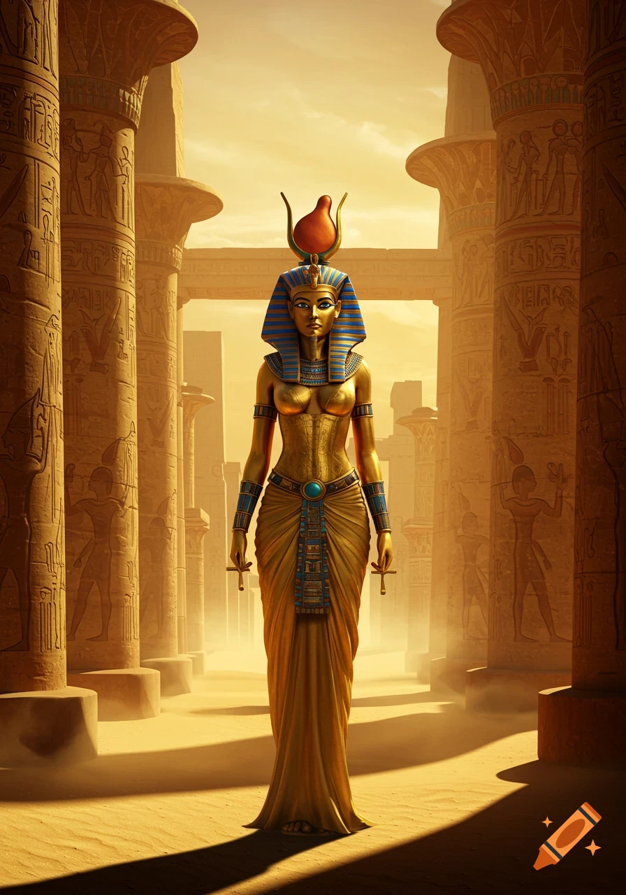 A golden Egyptian pharaoh statue stands in a grand, sunlit desert temple with ornate carved pillars.