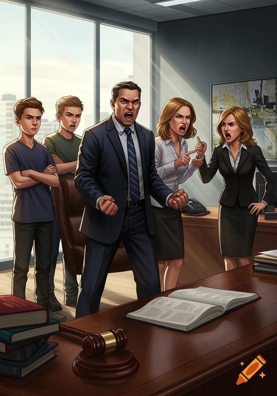 An enraged family, including two adults and two boys, yell in a lawyer's office with a gavel and books on the desk.