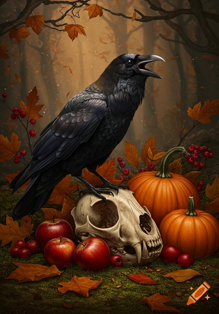 A cawing raven perches on a cat skull surrounded by autumn leaves, pumpkins, and red apples in a forest.