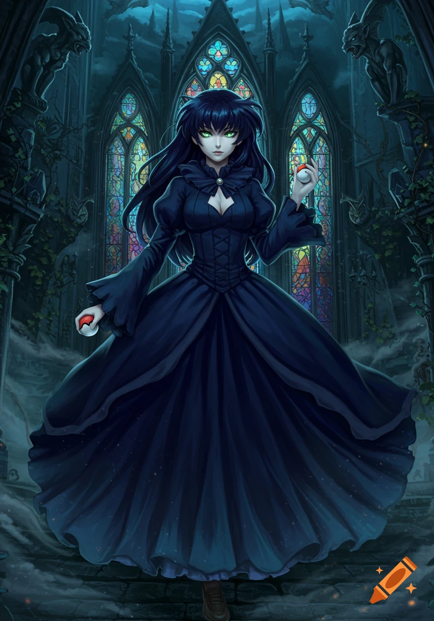Anime woman with dark hair, green eyes, and pale skin in a gothic dress holds a Pok\u00e9 Ball in a dark gothic cathedral with stained-glass windows.