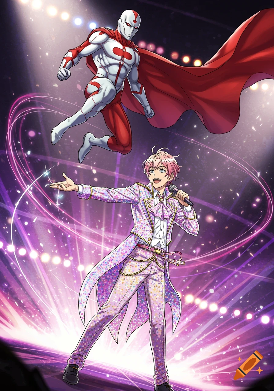 An anime superhero in a red and white suit floats above an idol singer with pink hair in a sparkly costume on a purple-lit stage.