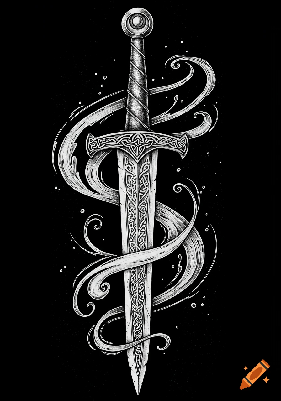 Black and white illustration of an ornate ancient sword with Celtic knotwork, surrounded by swirling wind.