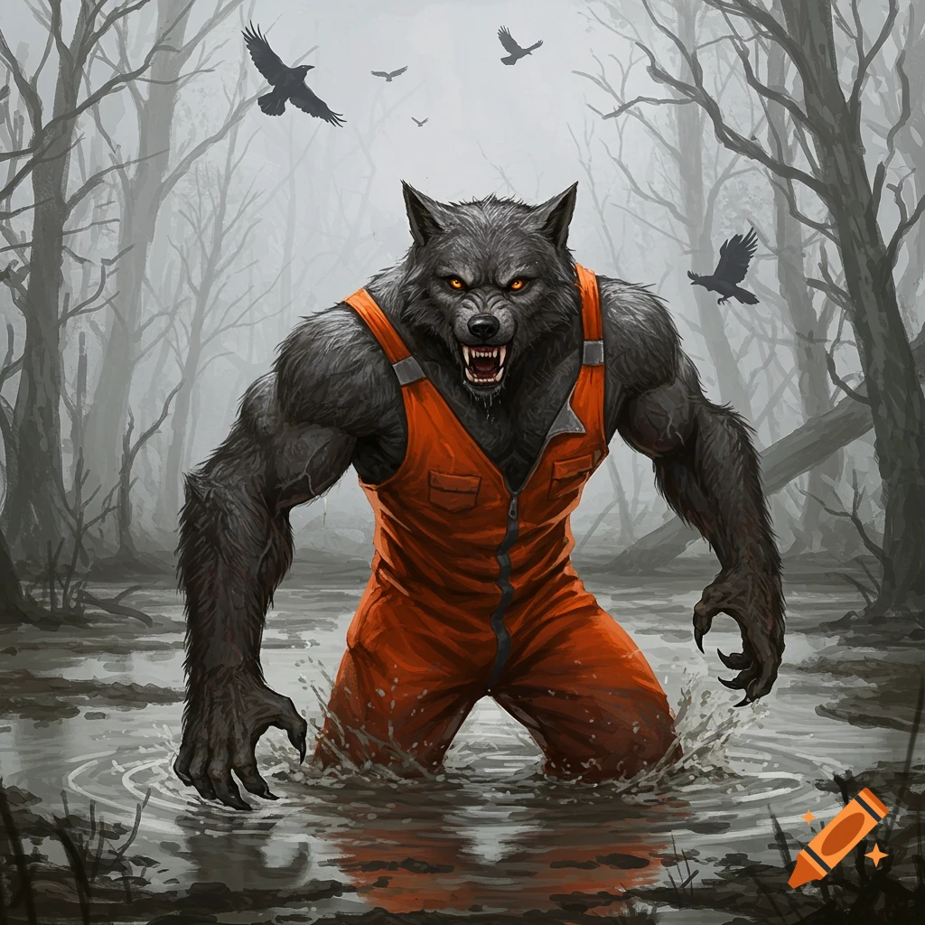 A monstrous werewolf with glowing eyes and sharp claws, wearing an orange jumpsuit, emerges from a muddy swamp in a desolate forest.