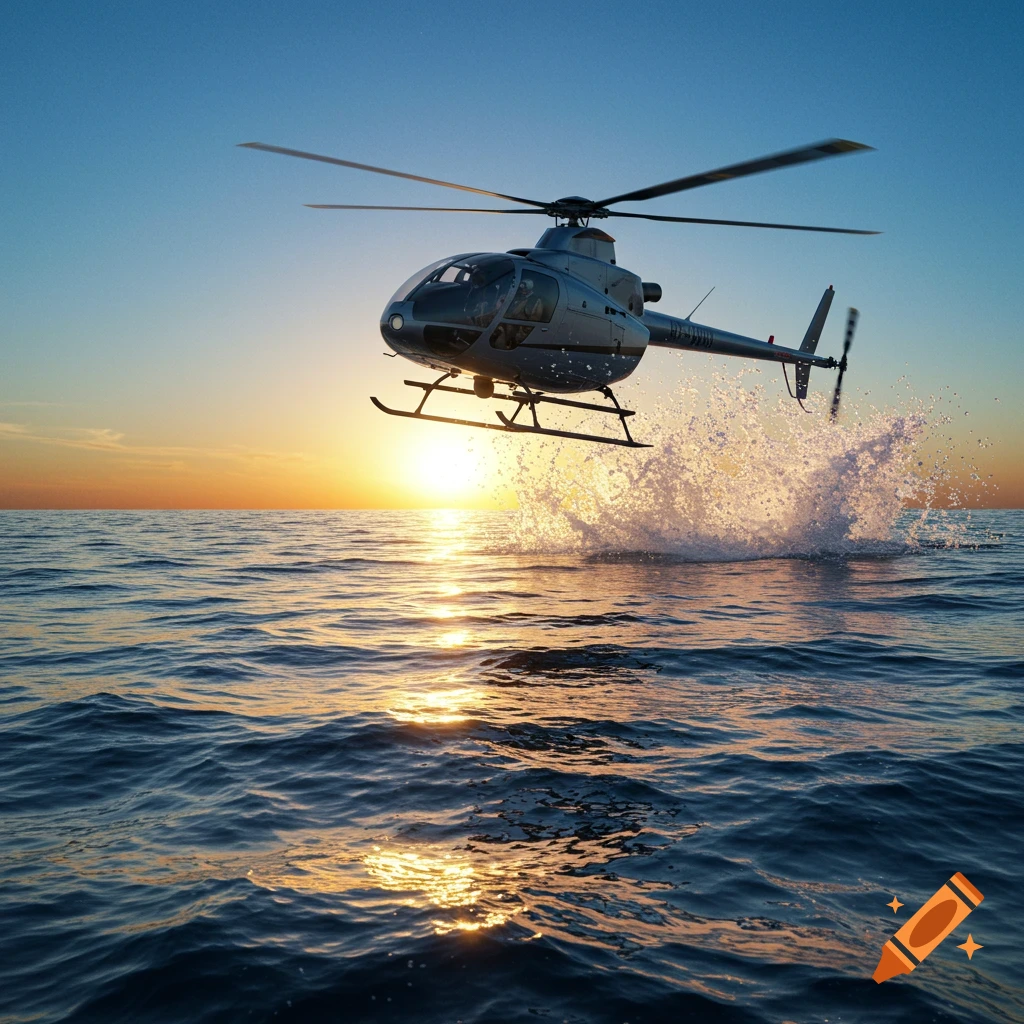 A photorealistic image of a helicopter flying low over the ocean at sunset, creating a large splash.