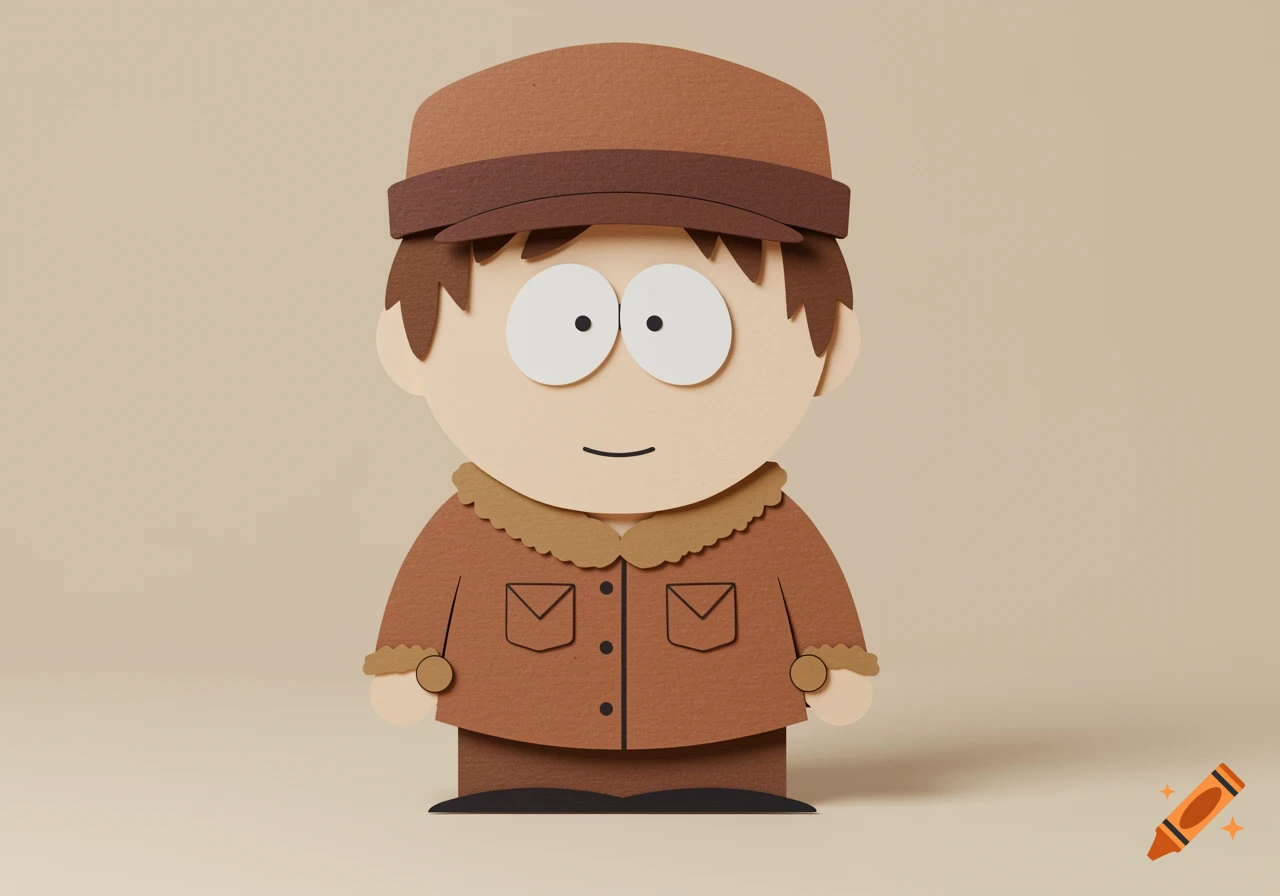 A paper cutout character resembling a South Park style sixth grader, wearing a brown jacket and hat, on a light brown background.