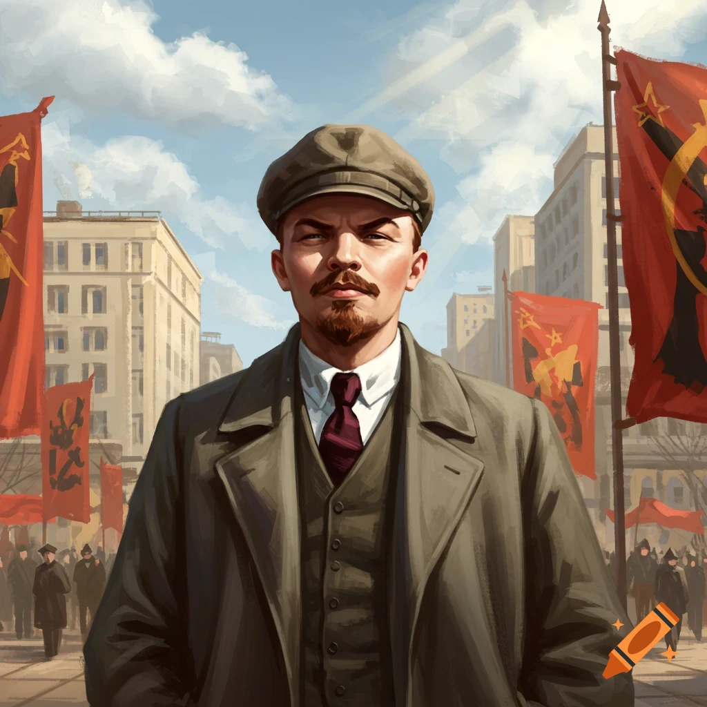 An artistic portrait of Vladimir Lenin in a suit and flat cap, standing with large red flags in a city square, surrounded by a crowd.