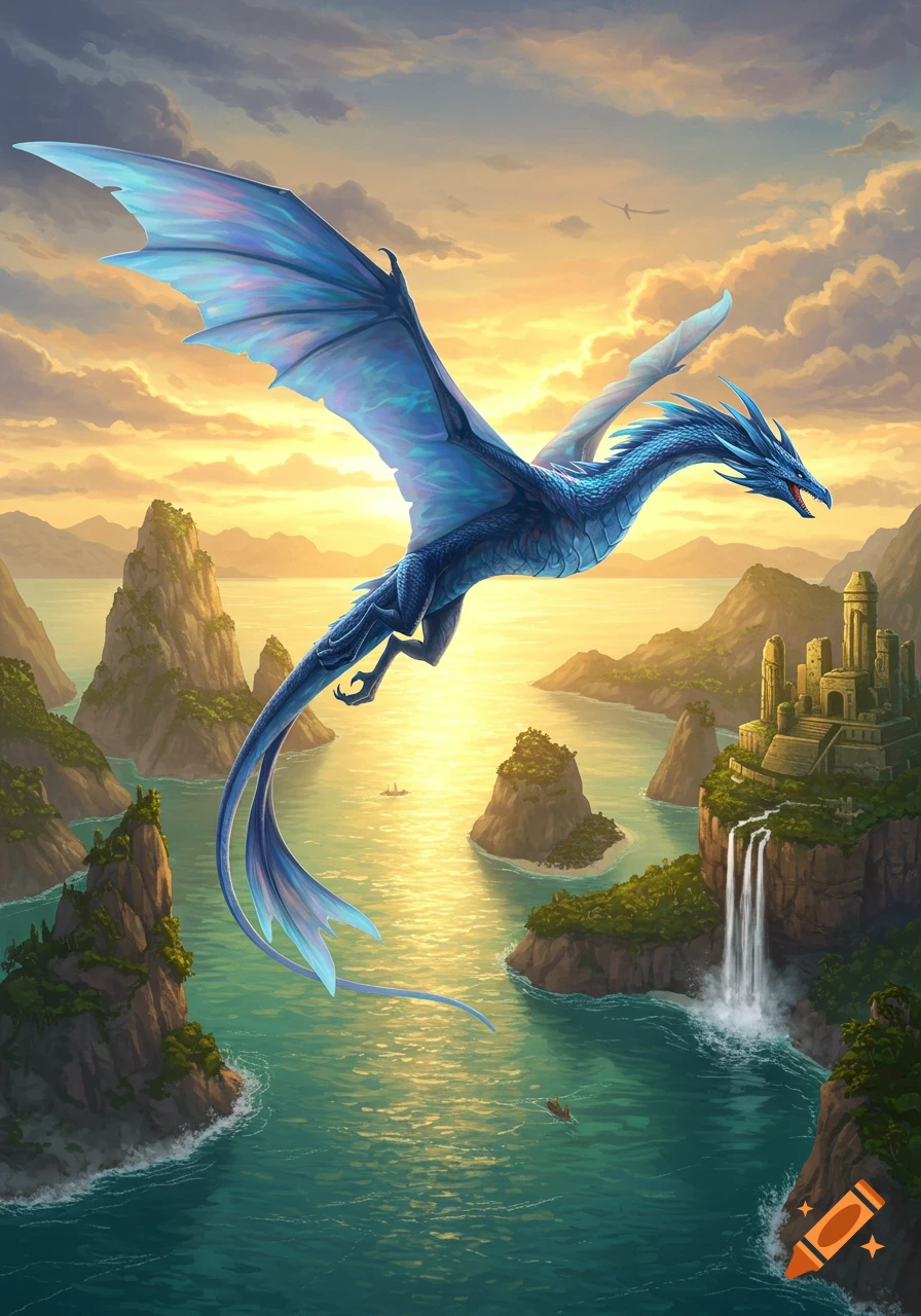 A blue dragon with iridescent wings soars over a fantasy archipelago with a castle and waterfall at sunset.