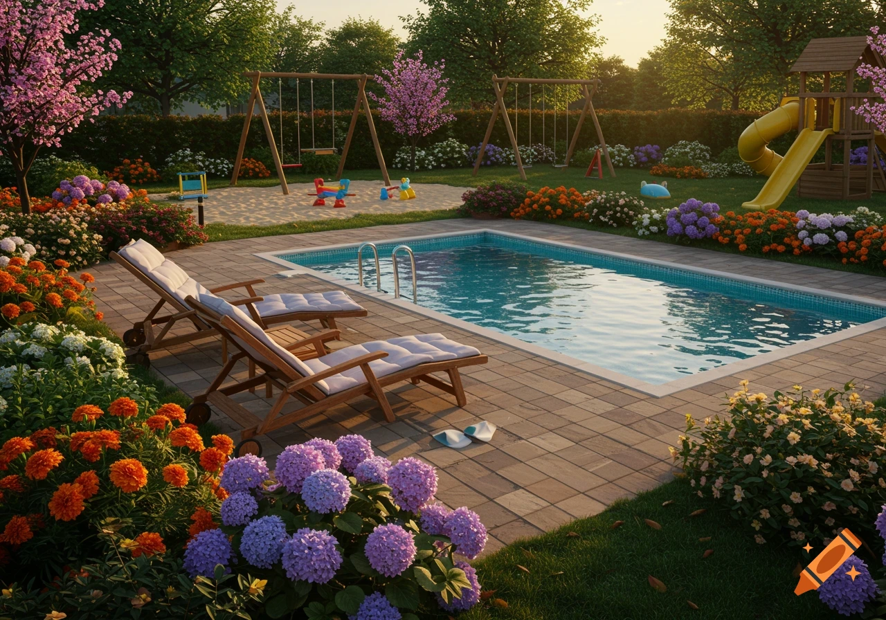 Photorealistic image of a sunny backyard with a swimming pool, lounge chairs, colorful garden, and a kids' playground.