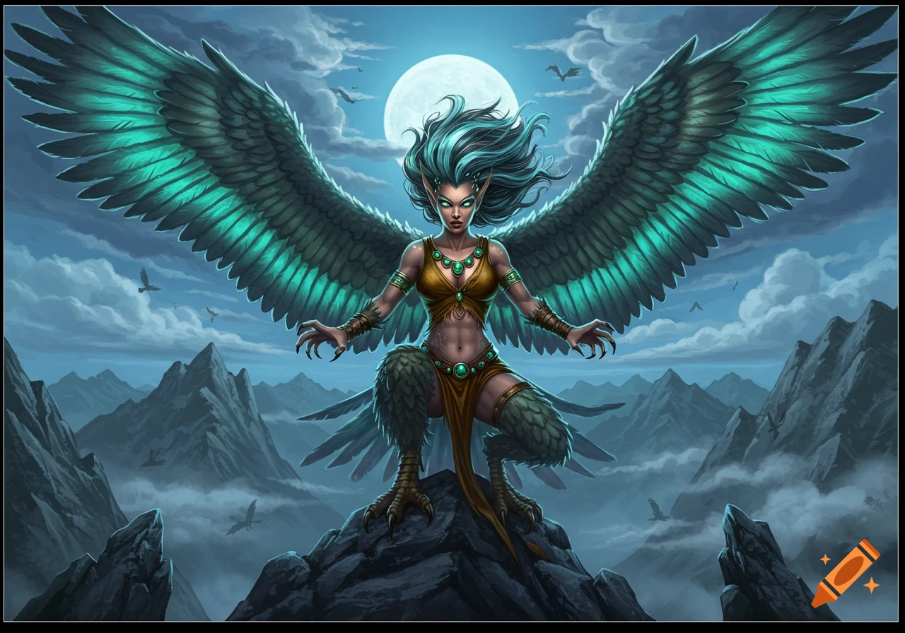 A powerful harpy with teal wings and hair stands on a mountain peak under a full moon at night, digital fantasy art.
