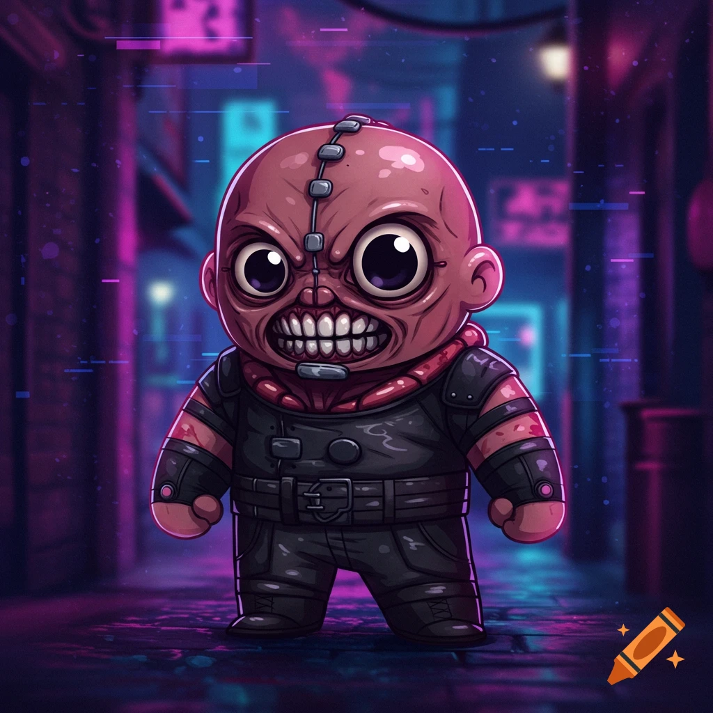 A cute, stylized chibi character of Nemesis from Resident Evil, with a stitched head and menacing grin, in a neon-lit alley.