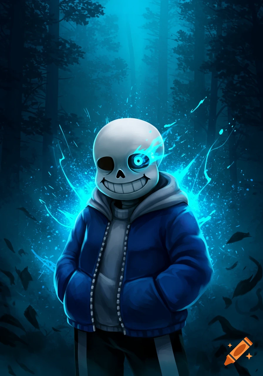 A grinning skeleton character, Sans from Undertale, in a blue hoodie with a glowing blue eye, stands in a dark forest surrounded by swirling blue magic.