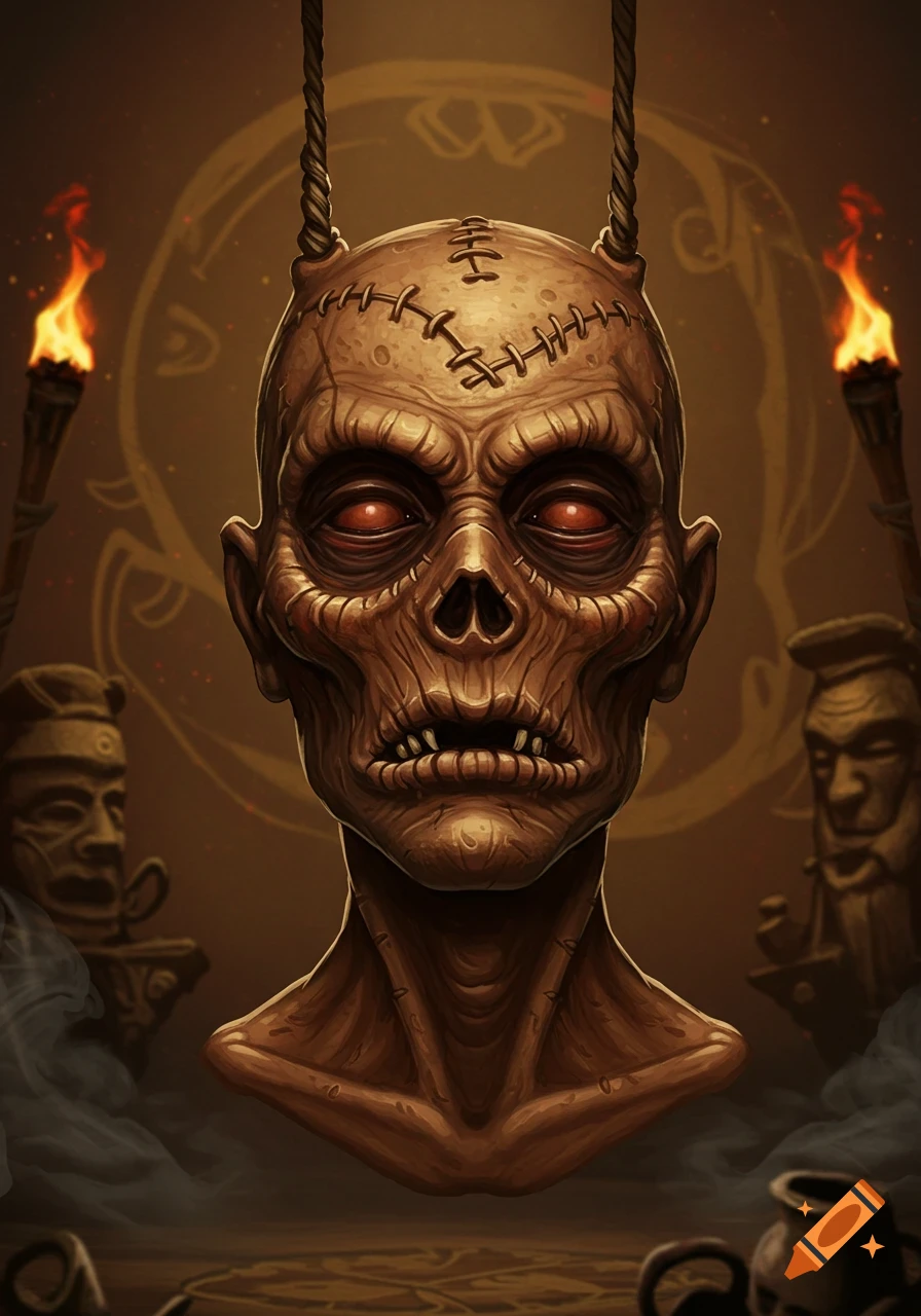 Stylized illustration of a shrunken, stitched head with red eyes, hanging by ropes in a dark, ominous setting.