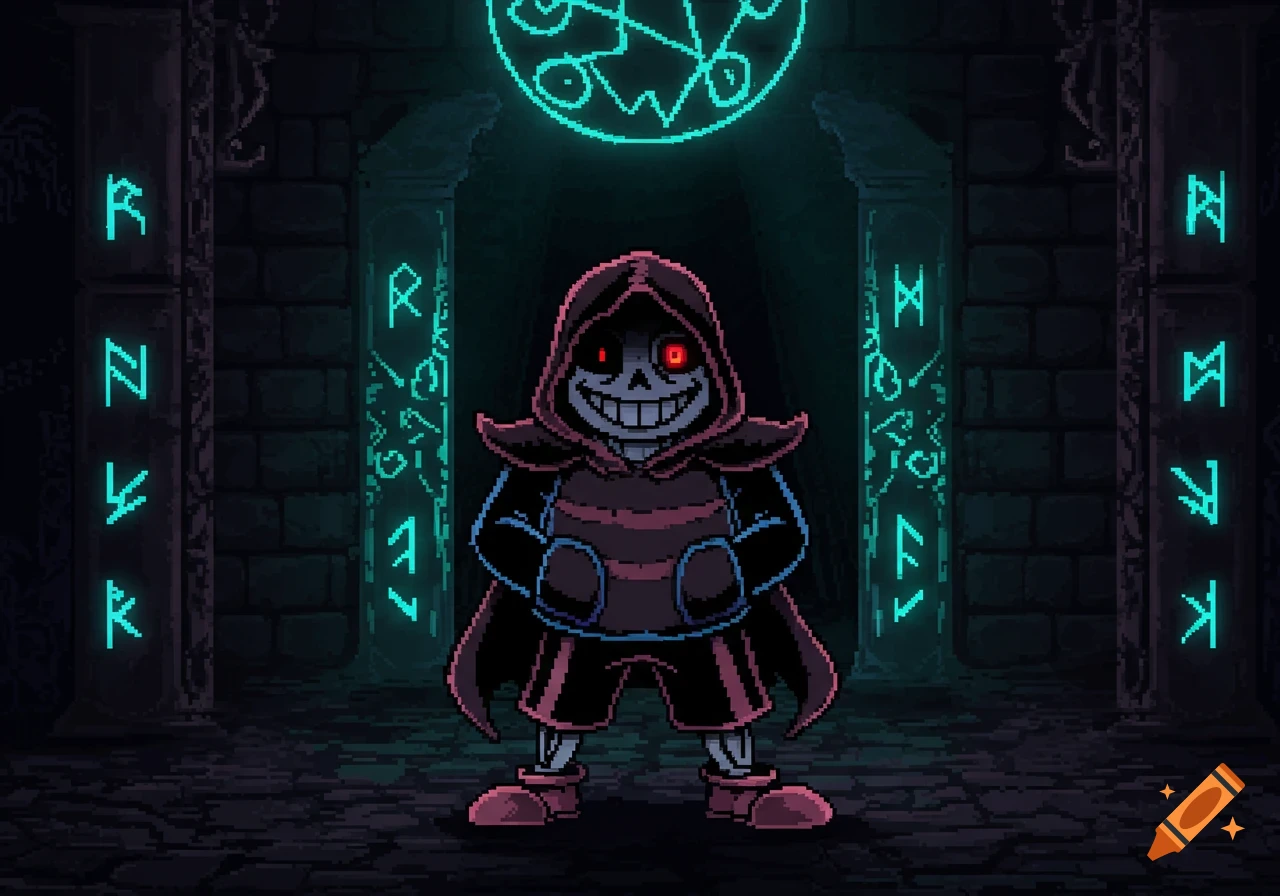 Pixel art of a menacing Undertale-inspired character in a dark hooded cloak, with glowing red eyes and a mischievous grin, standing in a dungeon with glowing cyan runes.