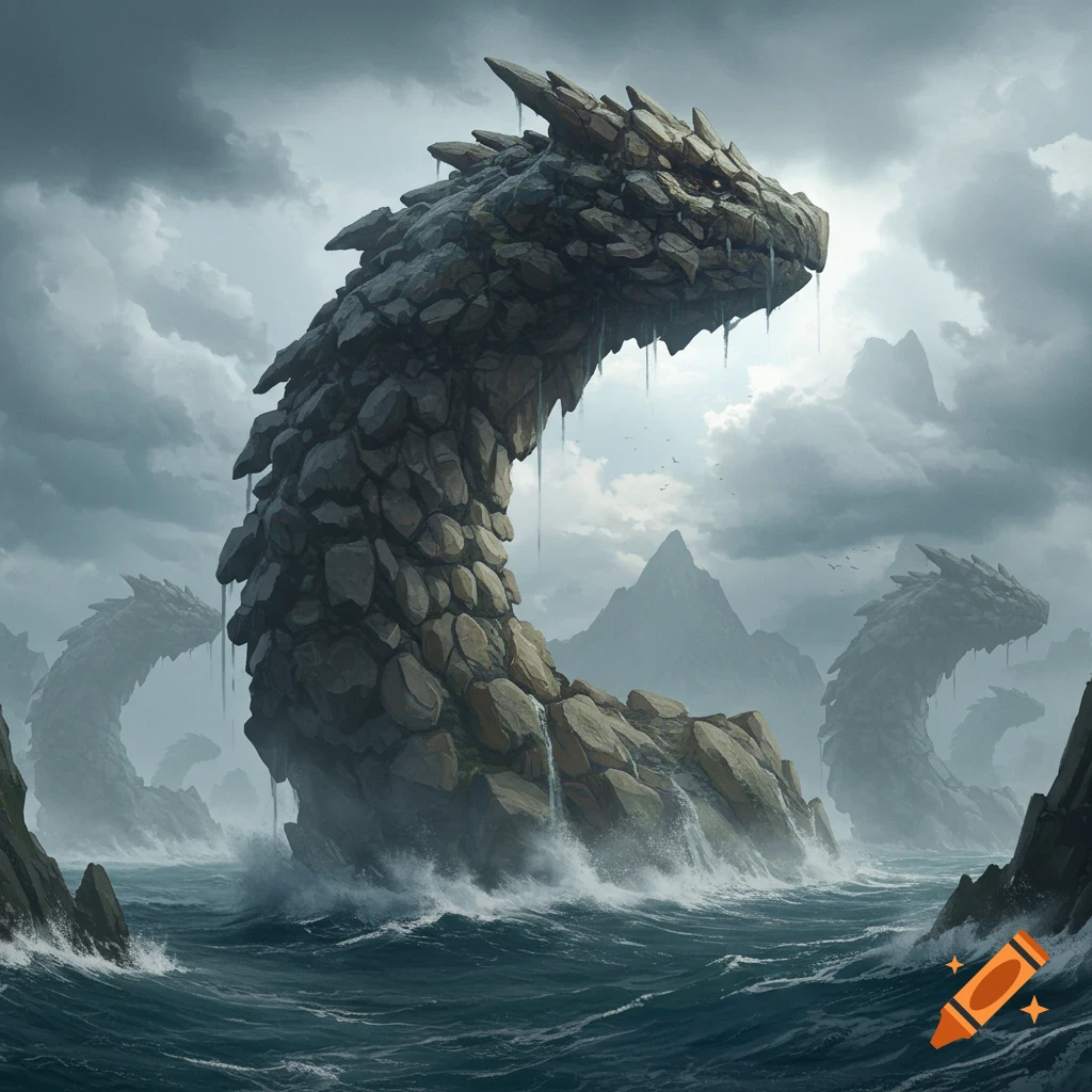 Colossal rock sea serpents emerge from a stormy ocean, under dark, cloudy skies, with rocky islands in the distance.