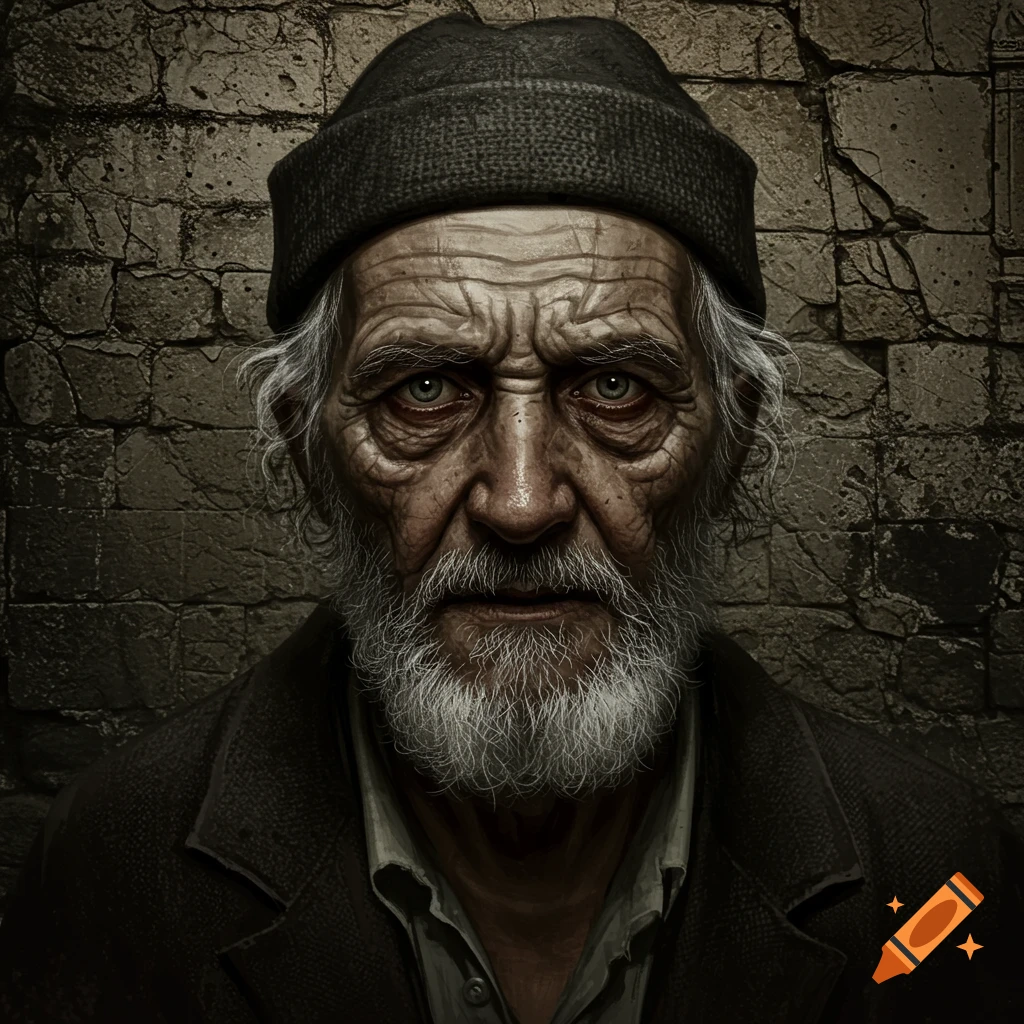 Photorealistic portrait of an old man with a grey beard and dark beanie, looking intensely at the viewer against a brick wall.
