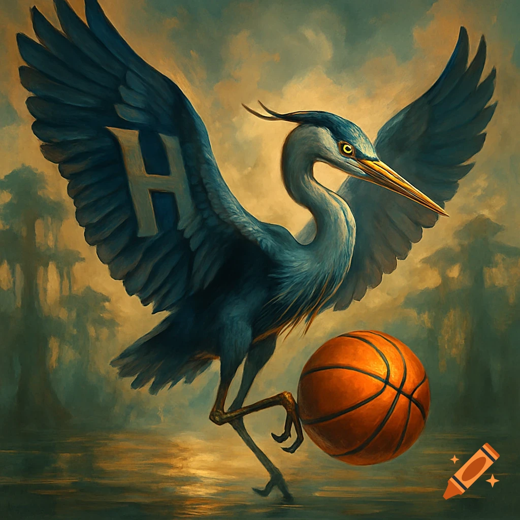 A stylized blue heron with an 'H' on its spread wing, holding a basketball with one foot in a swamp, painted in an artistic style.