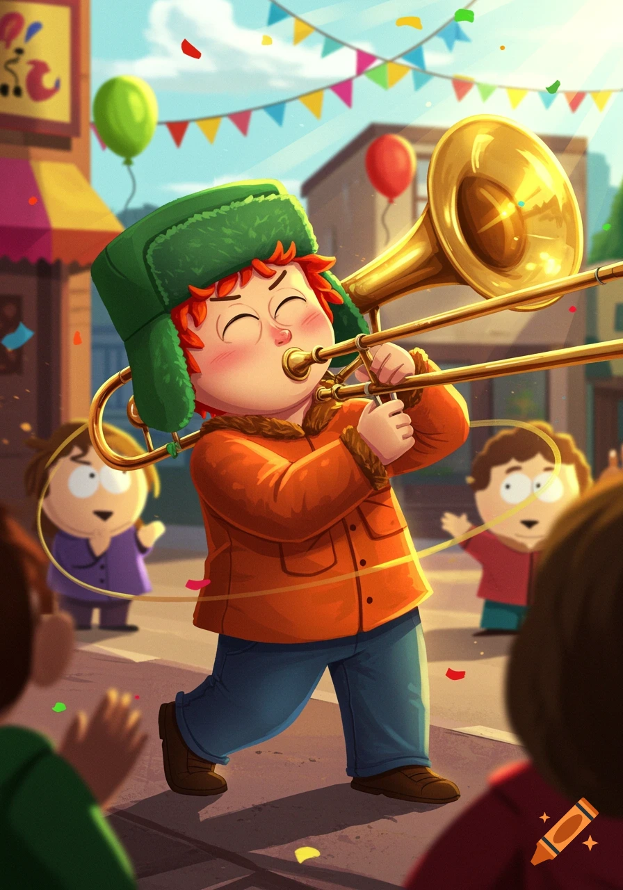 Kyle Broflovski from South Park plays a trombone during a sunny cartoon street festival with balloons and confetti.